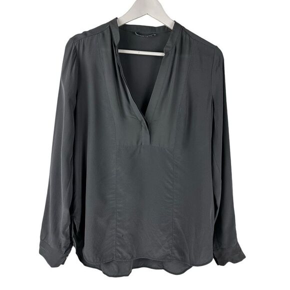 Vince Medium Half Placket Tuxedo Silk Blouse V-Neck Gray Top - Picture 1 of 8